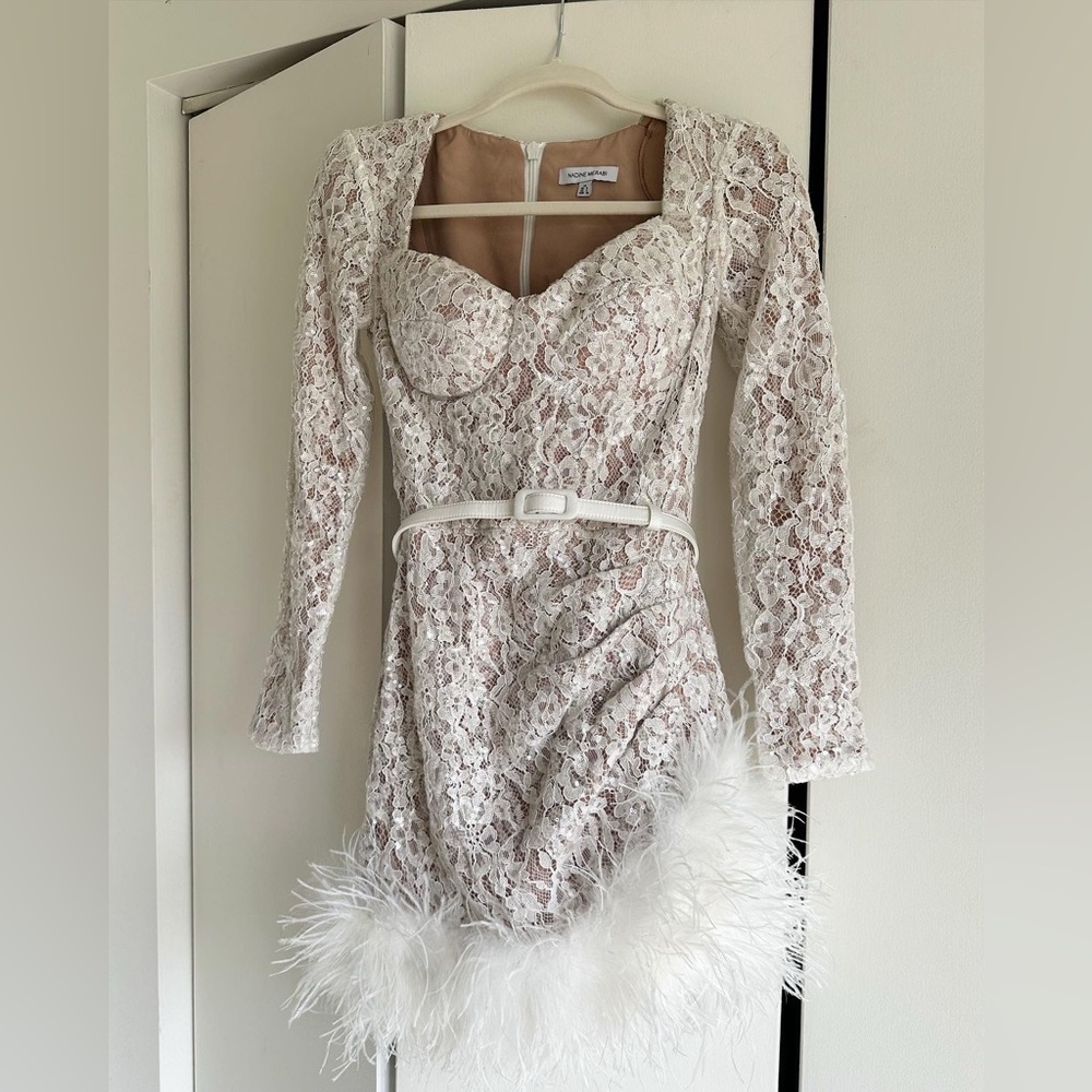 NADINE MERABI Ivory Lace Feather-Trim Mini Dress
